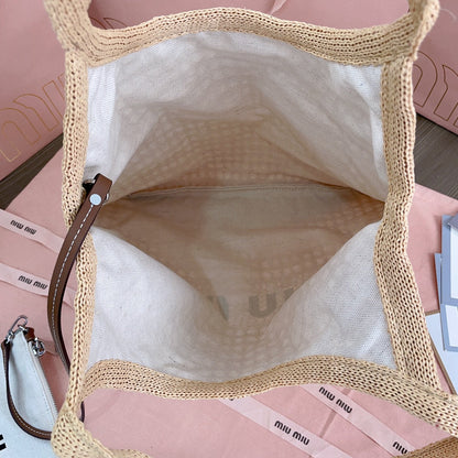 Miumiu - IVY raffia-effect and linen bag